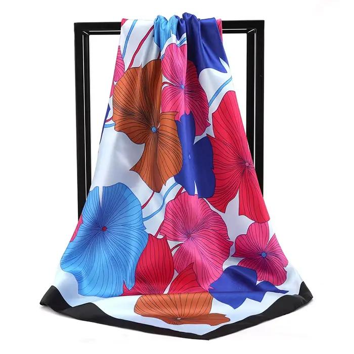 Foulard Carré Élégant en Satin pour Femme, Marque de Luxe, Bandana, Châle, Hijab, 90cm