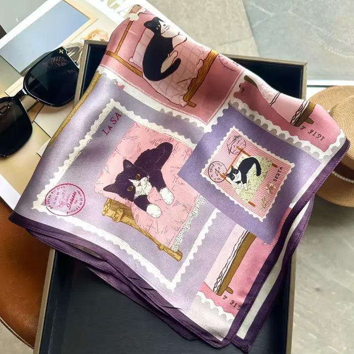 Foulard carré 100% Soie de Mûrier pour Femme, imprimé chats mignons, écharpe de cou, bandeau de tête