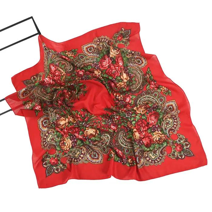 Foulard Russe pour Femme, Mouchoir, Bandeau Carré, Motif Floral Ethnique, Fleur, Foulard de Cou, Hij