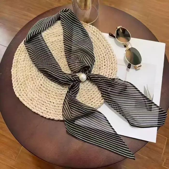 Écharpe décorative à rayures et perles pour femmes, 1 pièce, long ruban polyvalent à la mode pour la