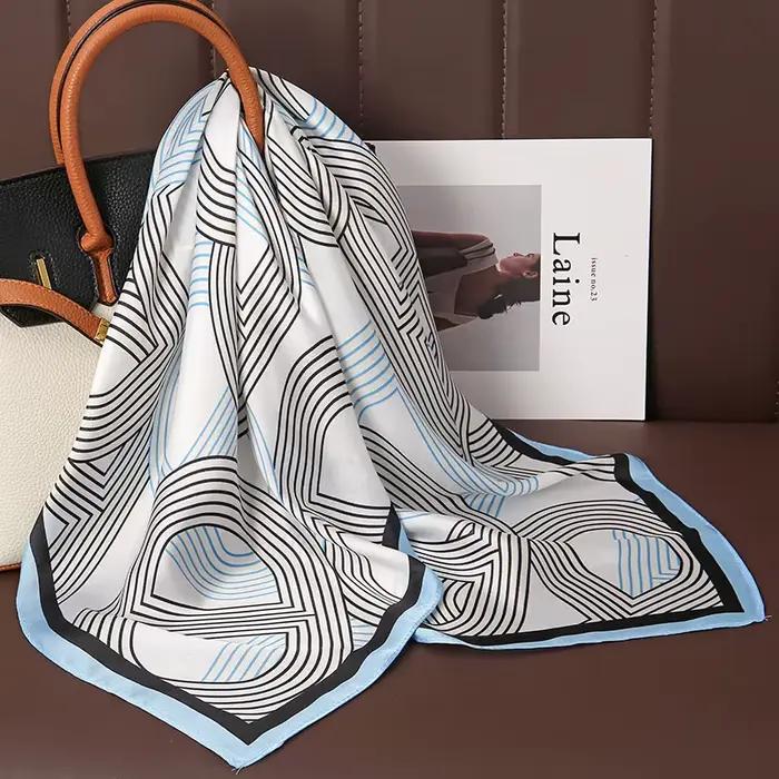 Foulard carré en Satin de soie imprimé de luxe pour femmes, châle Hijab, ruban pour cheveux, bandeau