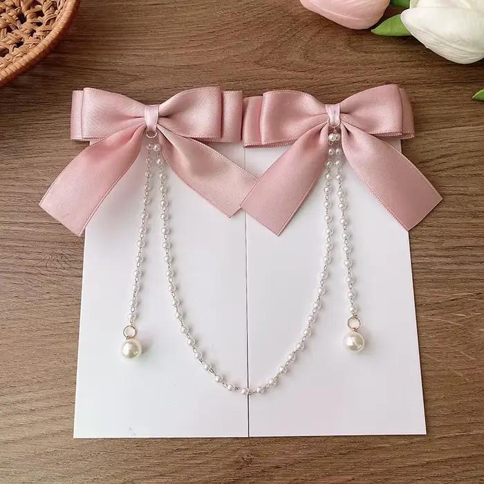 Pince à cheveux avec nœud en chaîne de perles roses, Style princesse doux, épingles à cheveux mignon
