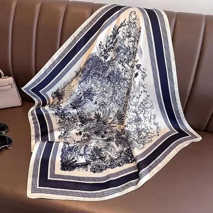 1 pièce Foulard carré 70 cm imprimé végétal pour femme, en soie simulée, élégant et polyvalent, pour