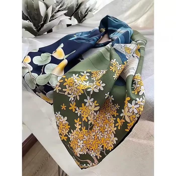 BYSIFA – écharpe carrée en soie Pure pour femme, châle, Hijab, bleu, vert, marque de luxe, collectio