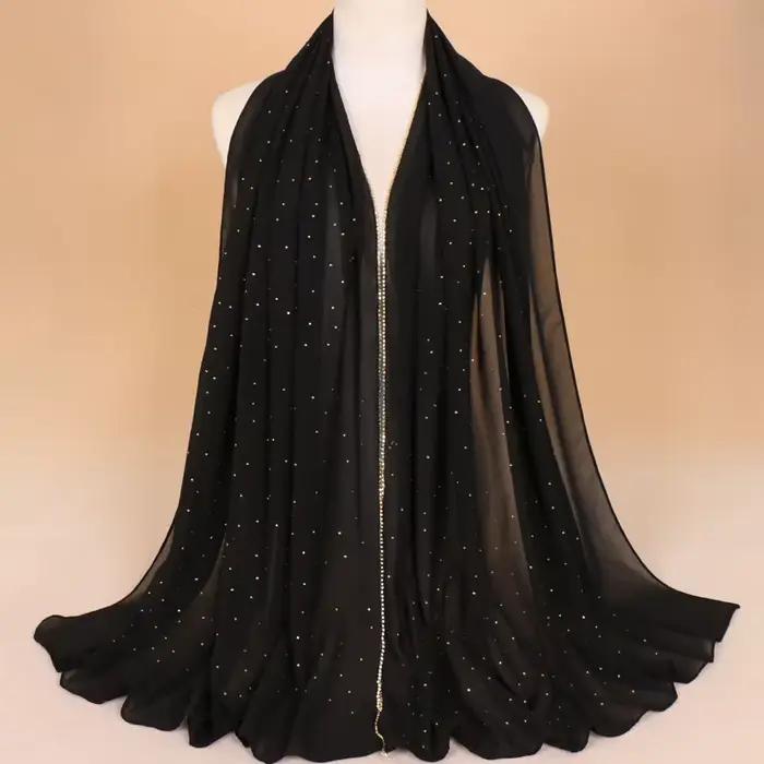 Écharpe en mousseline de soie de couleur unie avec des strass complets, écharpe longue de haute qual