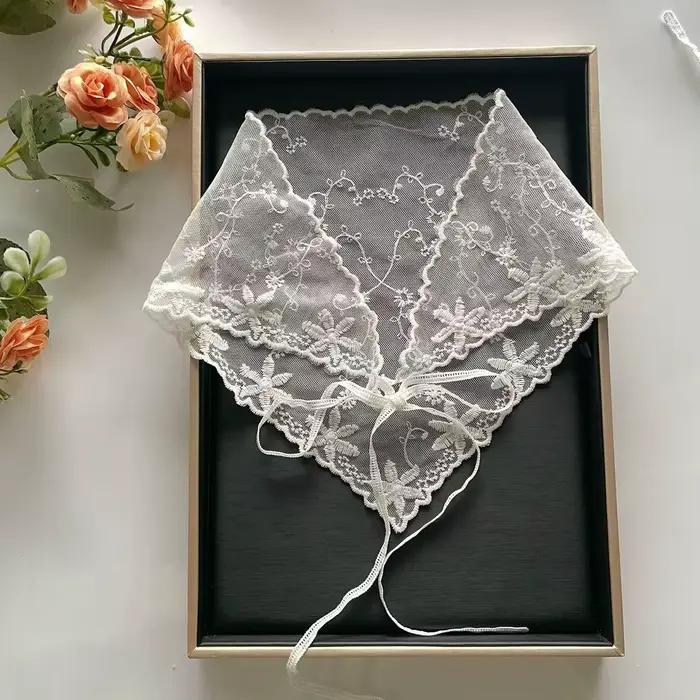 Foulard triangulaire en dentelle, style coréen, avec fleur en dentelle blanche, pour femme, style pa