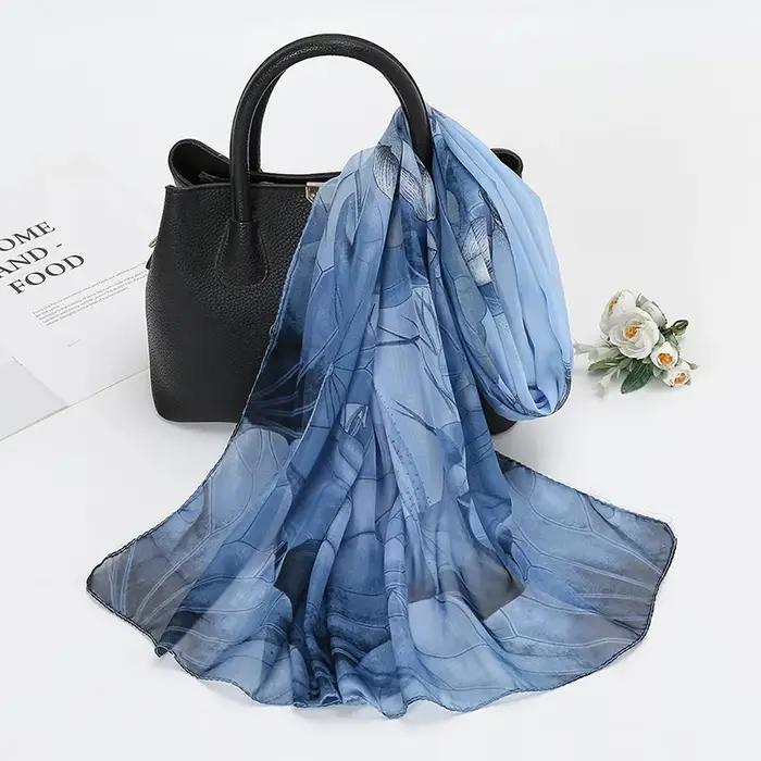 Écharpe en mousseline de soie imprimé Lotus, écharpe légère à la mode pour femmes, Protection solair