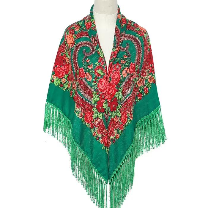 Châle Carré à Fleurs pour Femme, Écharpe Hijab de Grande Taille, Pompons Imprimés Rétro, Chaîne Chau