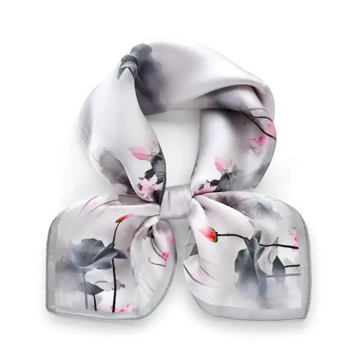 Foulard 100% soie feuille de lotus gris pour femme, châle enveloppant, cravate lisse, cadeau de luxe