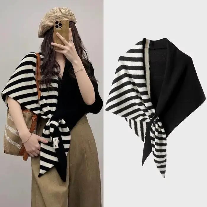 Écharpe à rayures de couleur assortie pour femmes, écharpe chaude et élégante pour toutes les saisons, utilisation multifonctionnelle, tricotée en élasthanne, idéale pour l'hiver et l'été