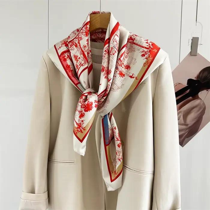 Foulard en soie rouge de luxe 90cm carré, châles à bords roulés, bandanas, accessoires de sac, décoration pour cheveux, sac, ceinture, cadeau pour mère multifonctionnel pour toutes les saisons