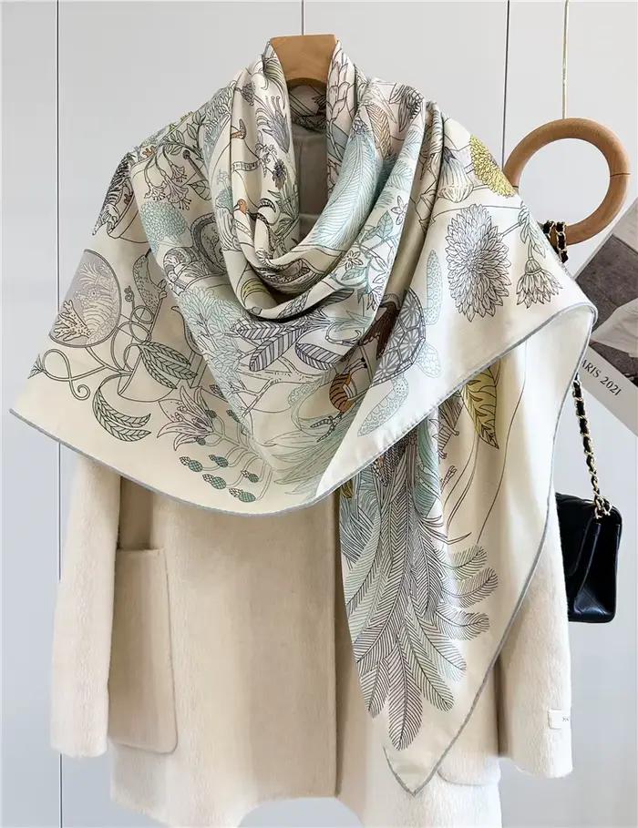 Châle de luxe design classique en soie et laine imprimé double face carré écharpe en laine pour femmes quatre saisons multifonctionnel occassions décontractées à offrir