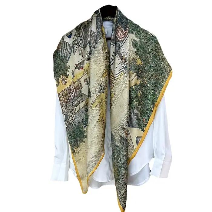 Écharpe en soie de mûrier 110x110cm, style rétro chinois, motifs auspices traditionnels, accessoire luxueux pour femmes, occasions spéciales