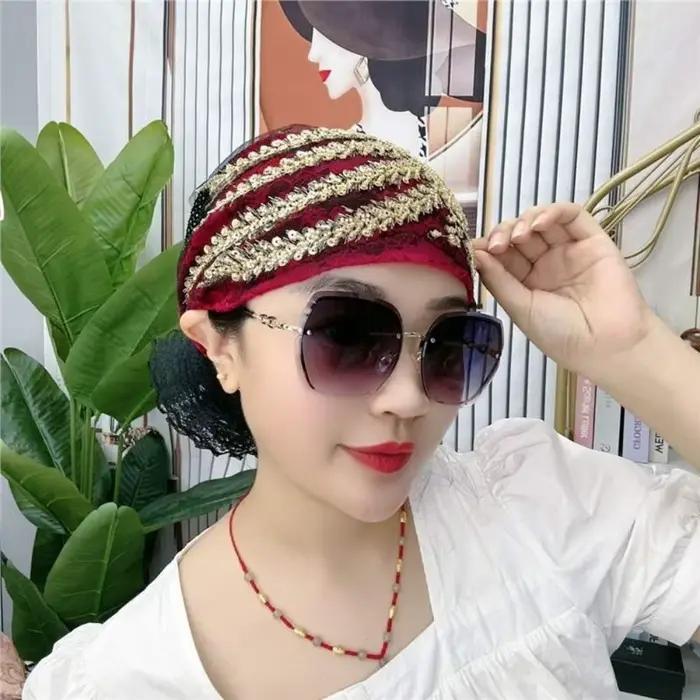 Foulard de tête en dentelle Turban chapeaux strass cravate élastique Hijab été mince