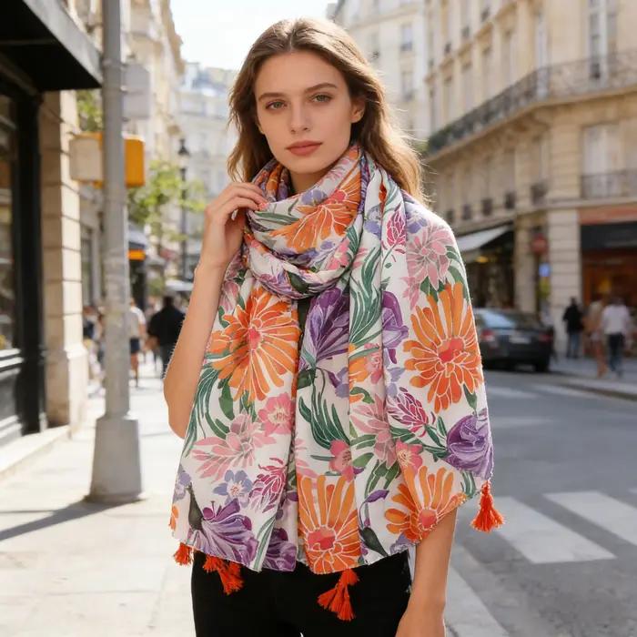 Echarpe pour femme imprimé floral coloré polyester doux pompons orange pour toutes les saisons voyage style tropical
