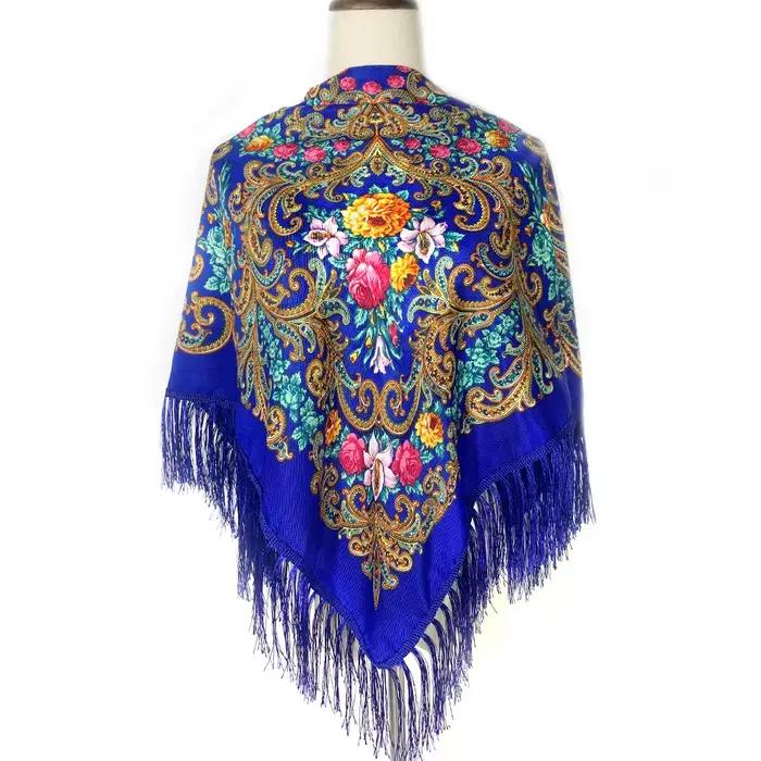 115*115 cm femmes russe écharpe de luxe imprimé fleuri carré Bandana ukrainien à franges châle Babushka mouchoir bandeau