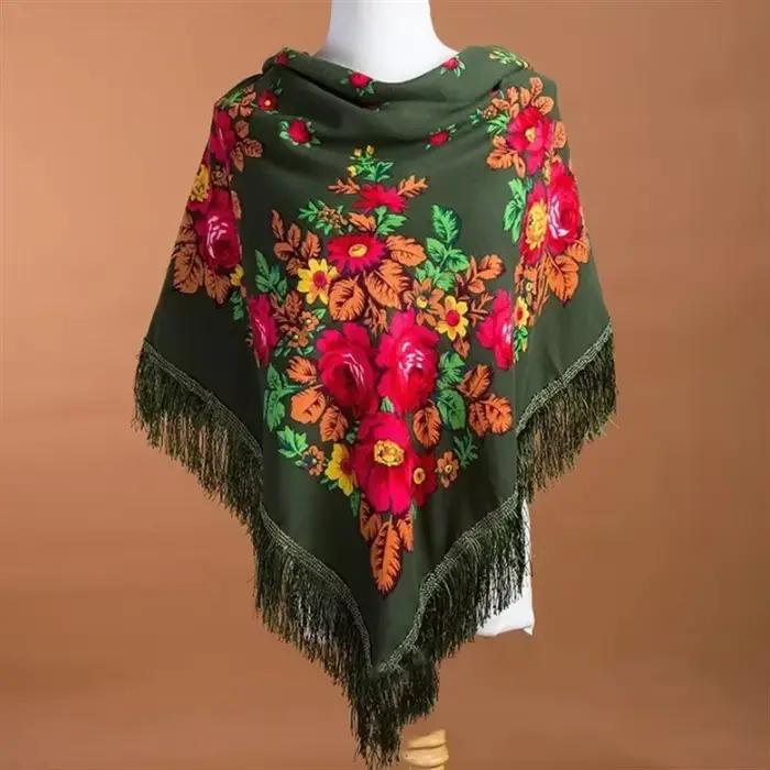 Foulard russe en coton et viscose avec motif floral, écharpe polyvalente pour femmes, idéal pour les voyages et les événements, utilisation toute l'année