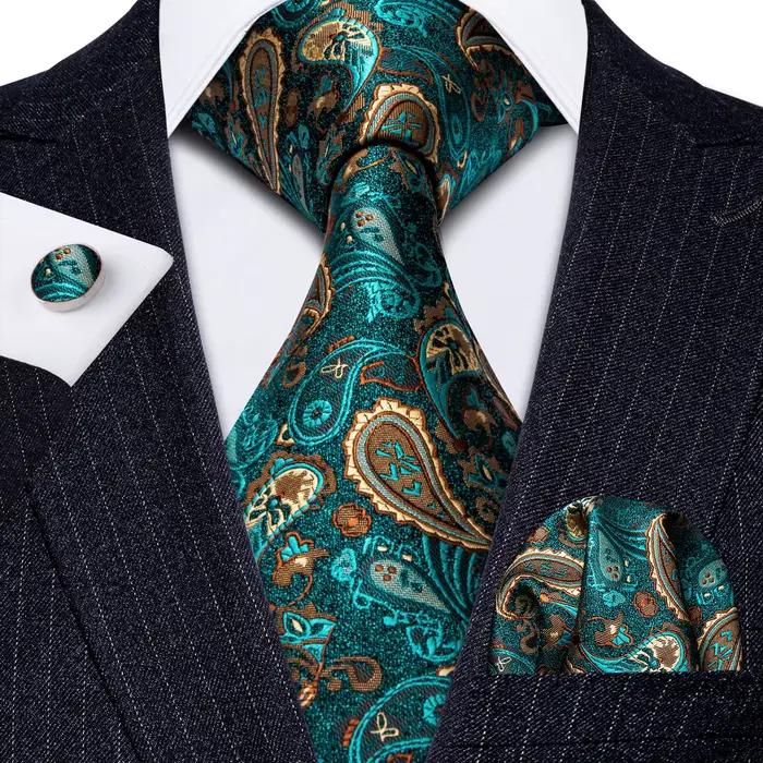 Ensemble Écharpe, Cravate, Pochette et Boutons de Manchette Vert Jacquard Paisley pour Hommes - Accessoires Polyvalents pour Occasions Spéciales et Usage Tous les Quatre Saisons