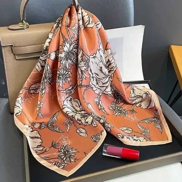 Bandeau de cheveux imprimé Rose Orange 100% Foulard en soie véritable femmes Design foulards de cou carré