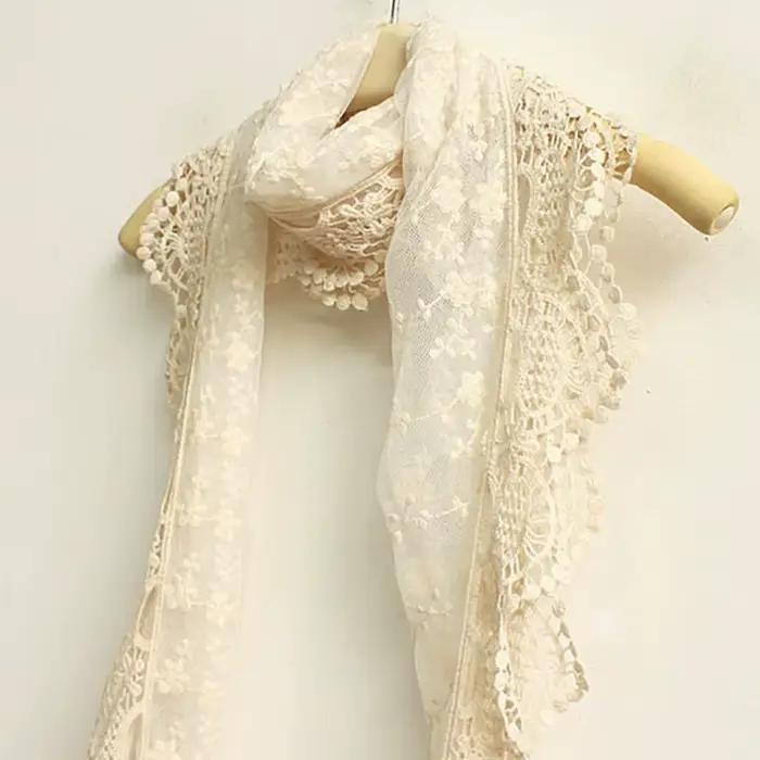 Nouveau élégant femmes longue écharpe broderie florale Crochet maille dentelle garniture châle foulards mode Lolita