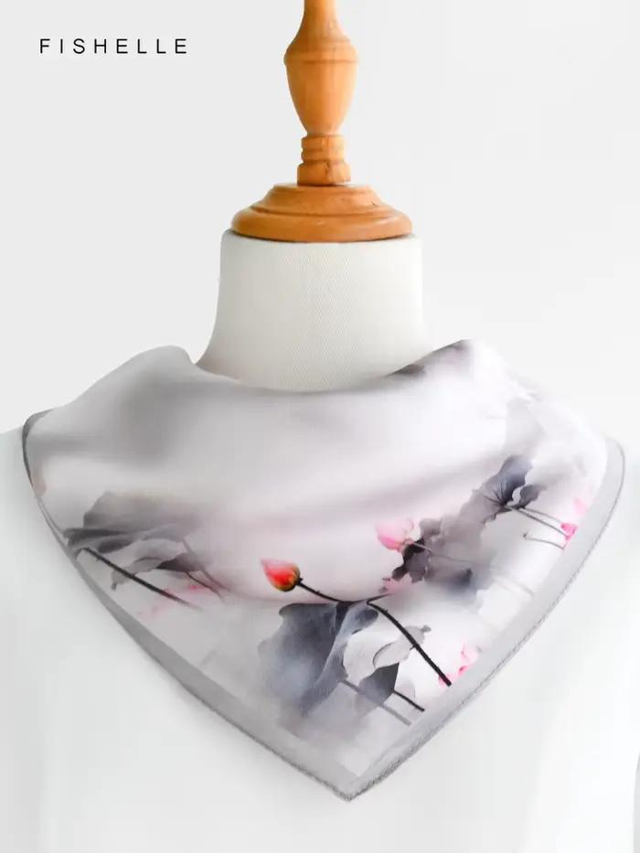 Foulard 100% soie feuille de lotus gris pour femme