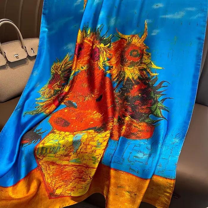 Echarpe en soie Van Gogh imprimée tournesol pour femmes mode plage protection solaire occassions décontractées