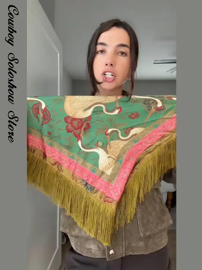Écharpe carrée vintage imprimée à franges et patchwork pour femme