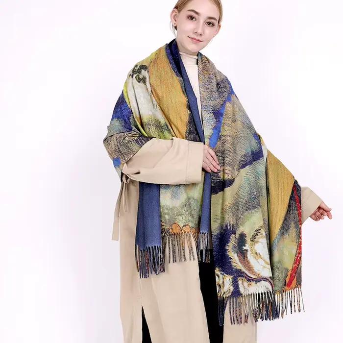 Écharpe de peinture à l'huile de Van Gogh pour femme, châle imprimé multicolore, style vintage et moderne, confort coton polyester, chaud pour toute saison, cadeau spécial