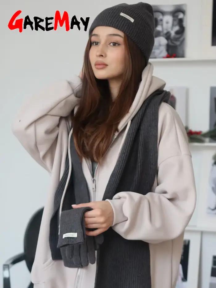 Ensemble écharpe, bonnet et gants pour femme, gris, bordeaux, confortable, doux, décontracté, chaud, hiver, 3 pièces