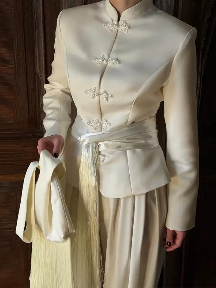 Nouvelle ceinture longue en satin à franges