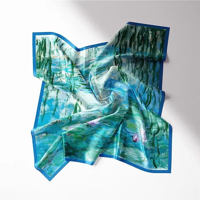 Monet peinture à l'huile sergé 100% foulard en soie mode Bandana femmes écharpe enveloppes 53 cm foulards carrés Hijab