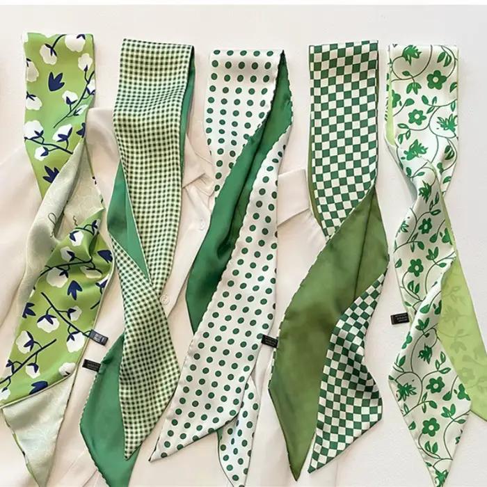Écharpe longue fine satin vert femme polyvalente pour usage quotidien four seasons versatile style accessorize bag decoration