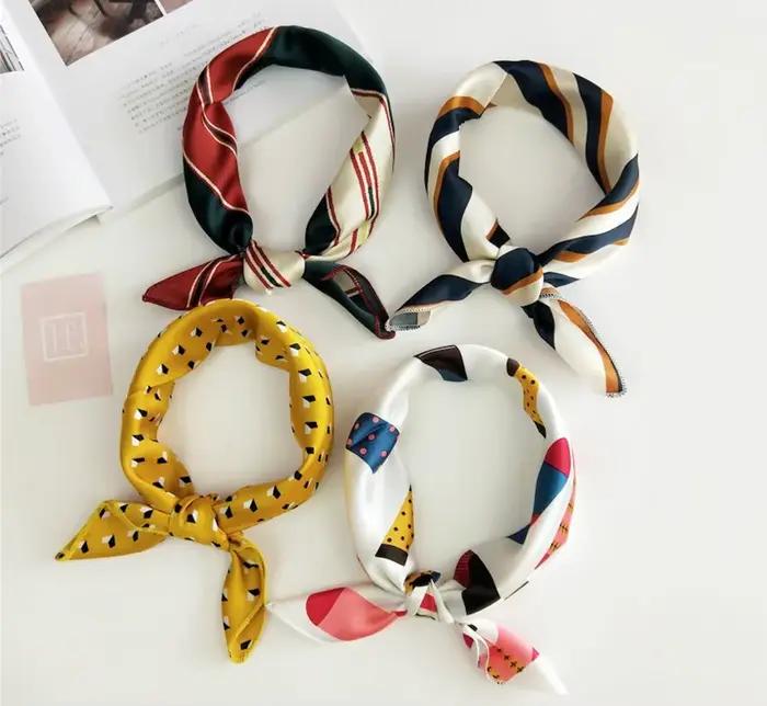 50x50 carré écharpe cheveux cravate bande pour fête d'affaires femmes élégant petit Vintage maigre rétro tête cou soie