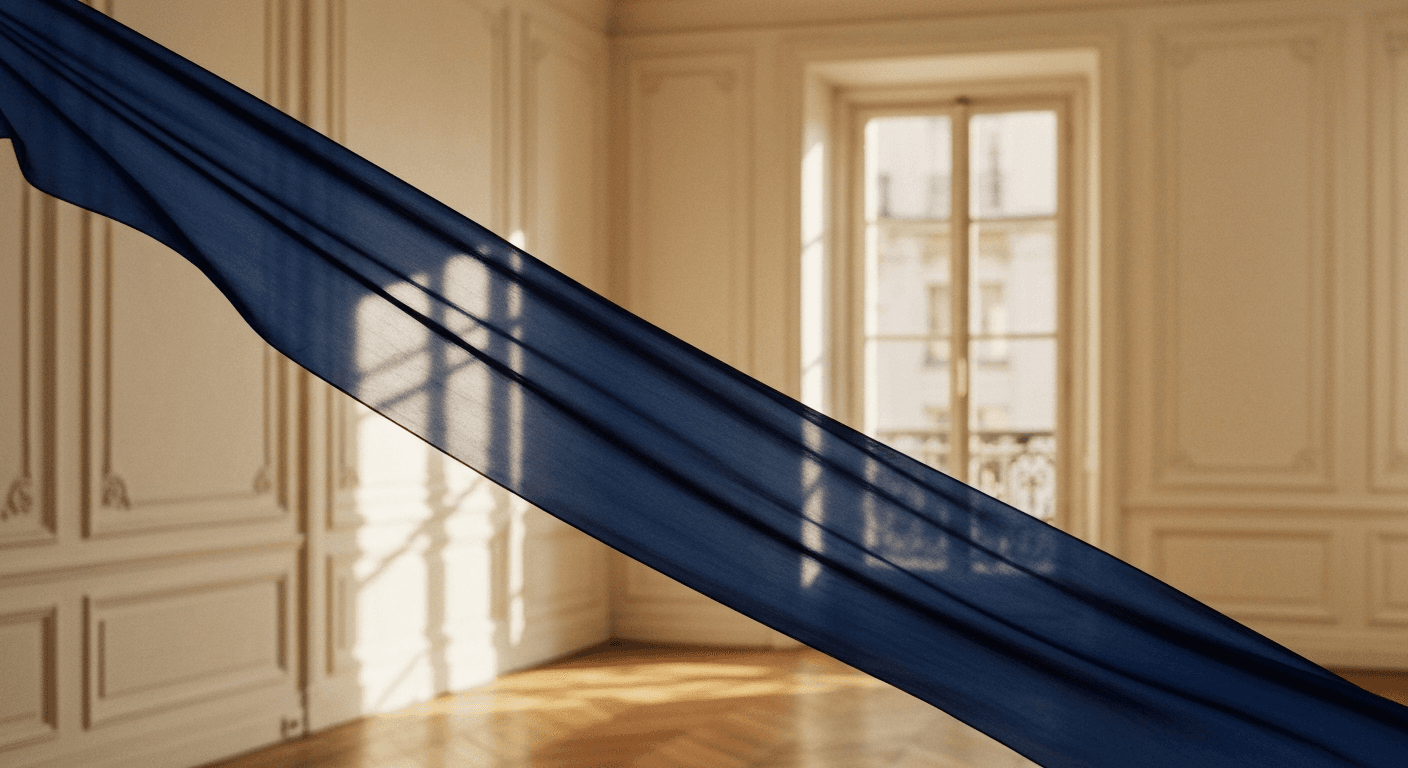 Foulard de soie indigo dans la lumière dorée d'un appartement parisien