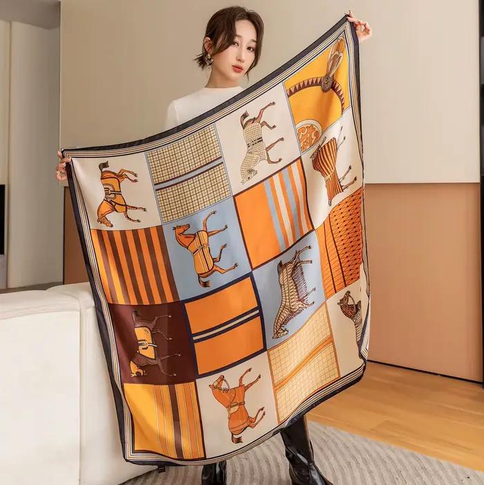Foulard carré imprimé cheval de luxe, châle Vintage en Imitation soie pour femmes, coupe-vent, envel