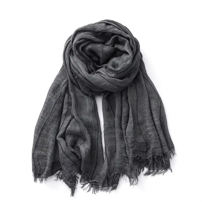Écharpe rayée en coton et lin pour hommes et femmes, châles et enveloppes longs et doux, pompon cour