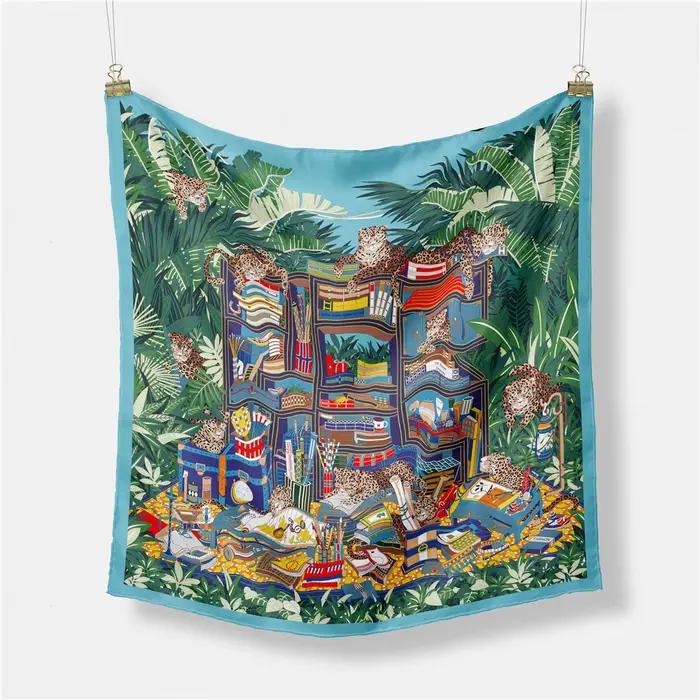 Foulard en soie sergé femme peinture indienne foulards carrés enveloppes Bandana petit Hijab Foulard