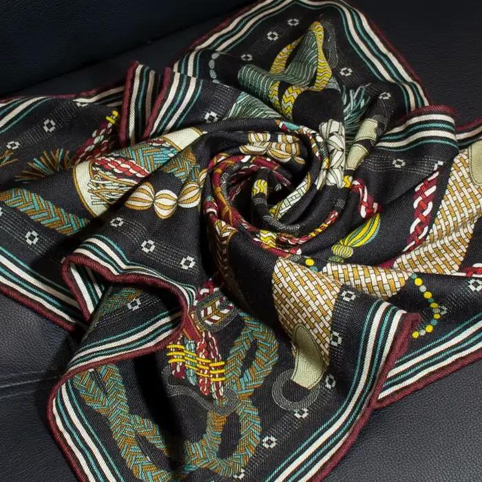 Bandana carré tendance pour femme 65*65cm en soie et laine, imprimé floral vintage, double face, éch