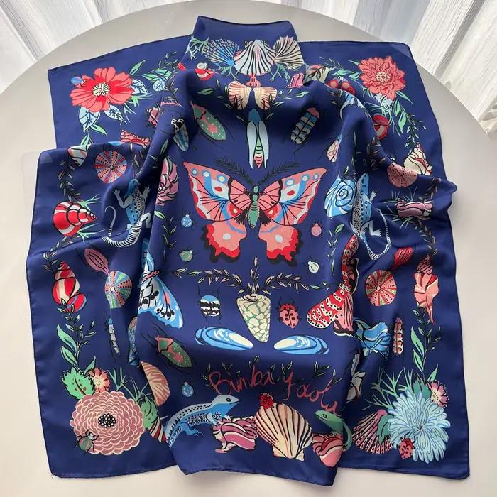 Femmes Foulard carré Foulard soie Imitation imprimé fleuri Foulard Bandana Foulard dame châle foular