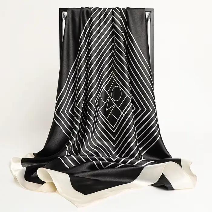 Foulard carré en soie pour femmes, châle imprimé, bandeau en Satin, Hijab, bandes de cheveux, Bandan