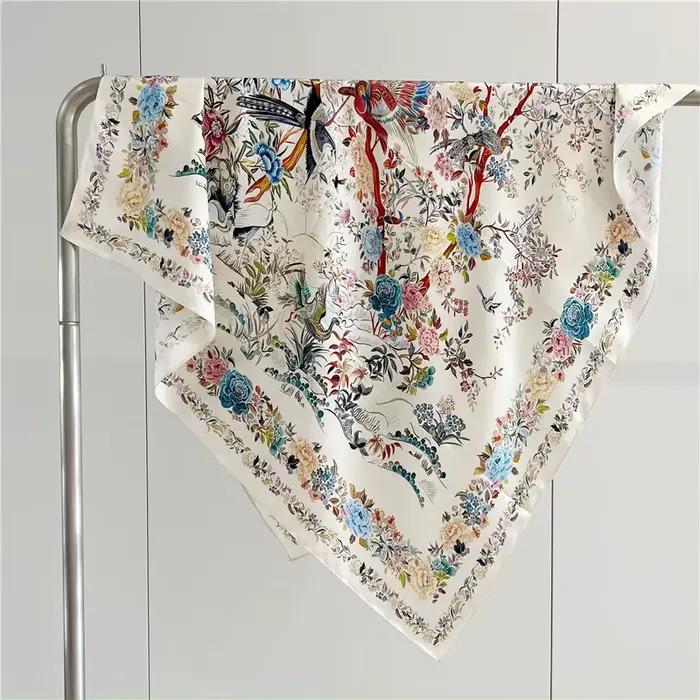 Châles et enveloppes en soie véritable 14MU pour femmes, écharpe carrée en sergé de 88x88cm pour l'é