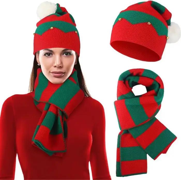 Nouvel ensemble cadeau de Noël 2026 : bonnet, écharpe et gants (3 pièces) en laine tricotée rouge po