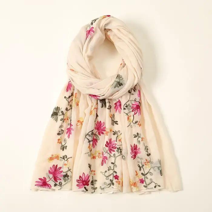 Écharpe fine en coton à fleurs pour femmes, châles brodés, foulard, hijab, étoles, crème solaire, vi
