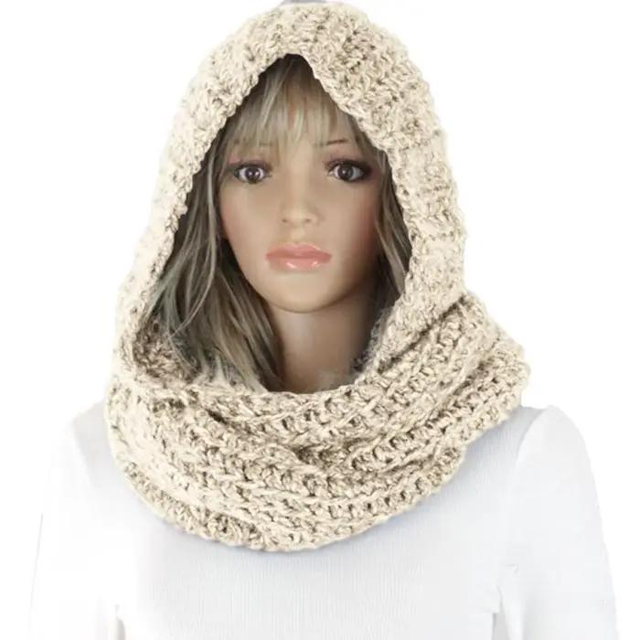 Écharpe à capuche tricotée hiver femmes câble épais tricot côtelé pour Infinity Circle boucle écharp