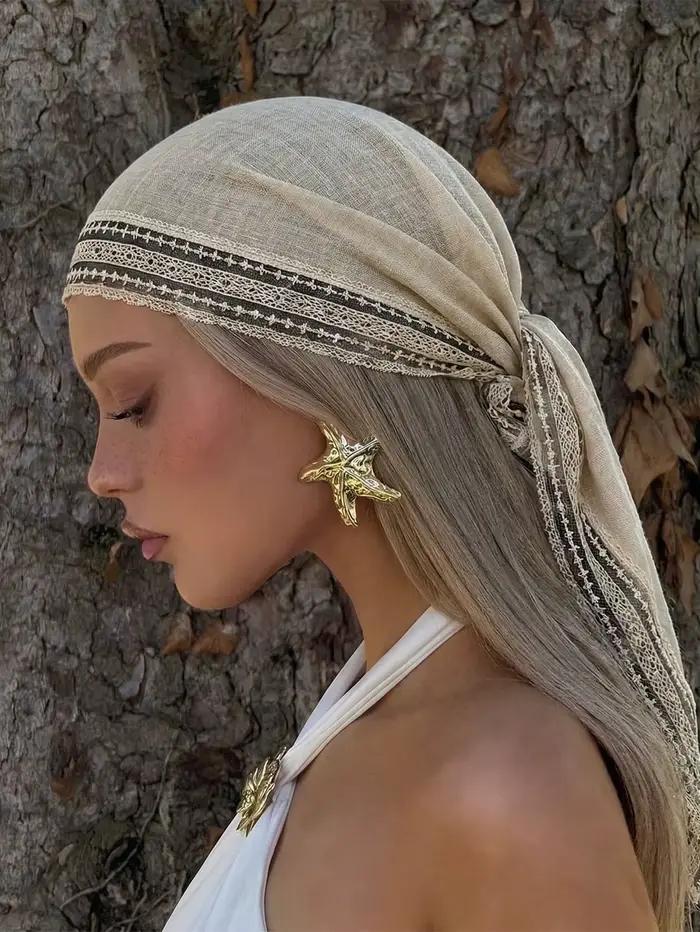 Écharpe bohème unie à bordure en dentelle pour femme