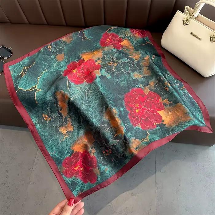 Foulard carré en Satin imprimé Floral Vintage pour femmes