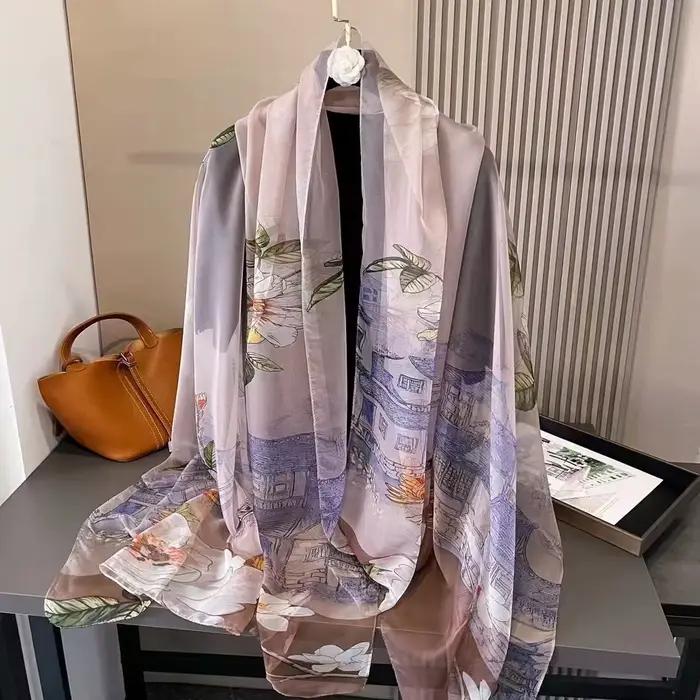 Écharpe en polyester imprimé fleuri multifonction pour femmes, châle de protection solaire, bandeau, four seasons, look décontracté à offrir