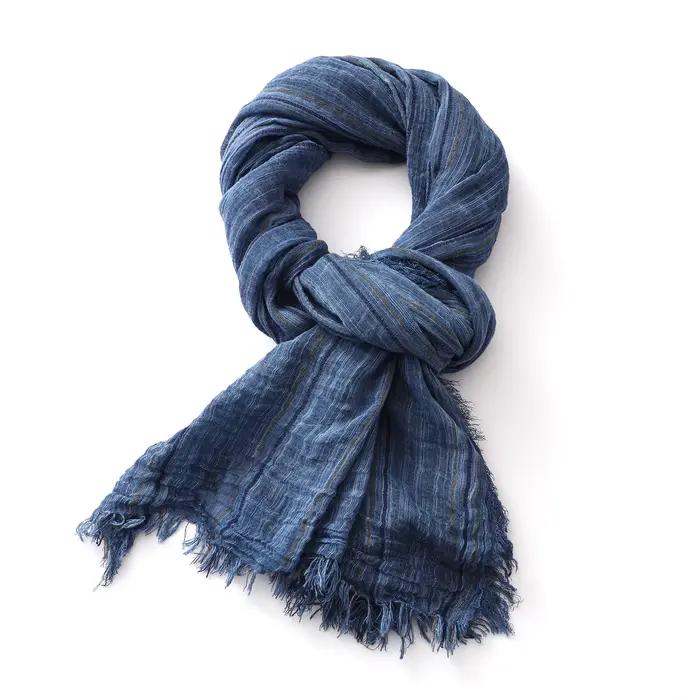 Écharpe rayée en coton et lin pour hommes et femmes, châles doux et enveloppes longs, pompon court, accessoire mode automne hiver