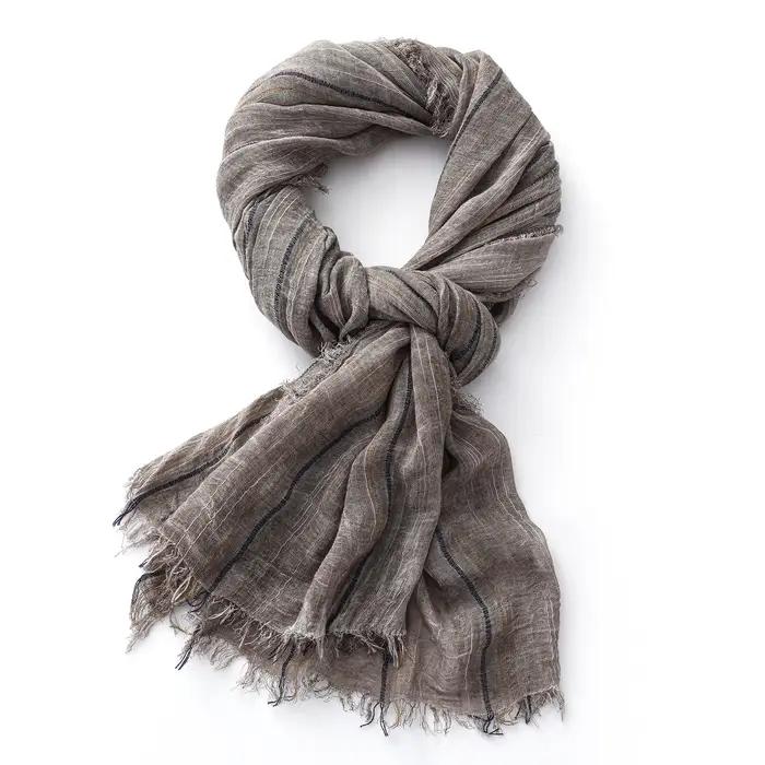 Écharpe rayée en coton et lin pour hommes et femmes, châles doux et enveloppes longs, pompon court, accessoire mode automne hiver