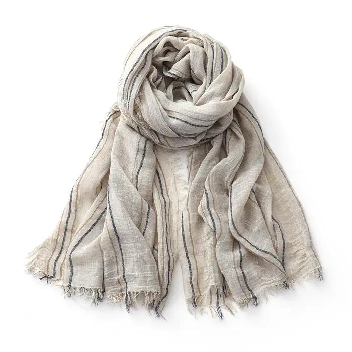 Écharpe rayée en coton et lin pour hommes et femmes, châles doux et enveloppes longs, pompon court, accessoire mode automne hiver